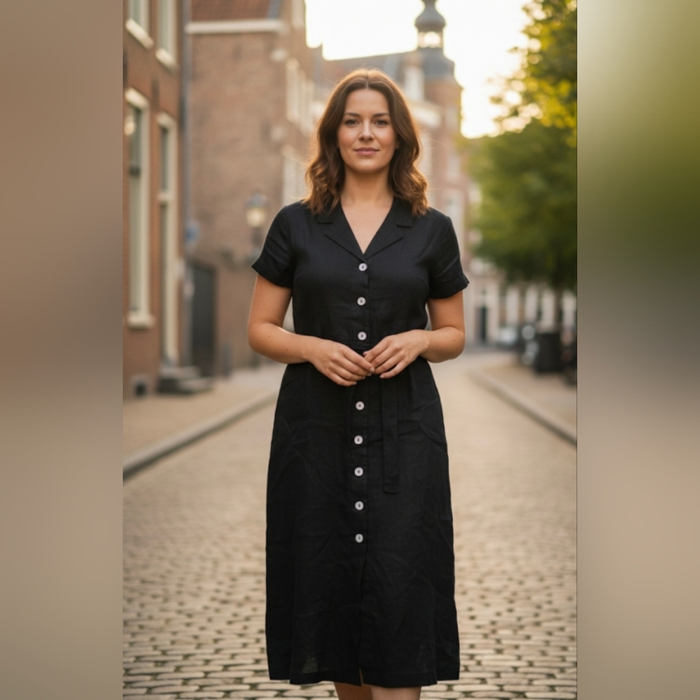 Quince Black Midi Dress with Buttons